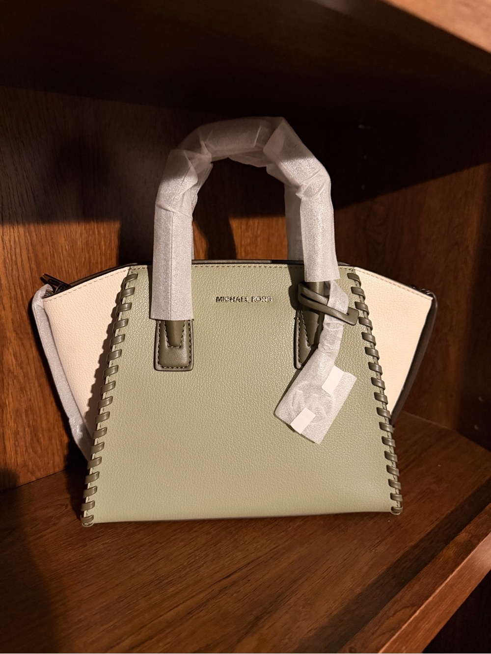 Michael Kors Sage Green and Cream Leather Satchel with Whipstitch Trim